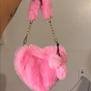 Whimsy Pink Faux Fur Heart Crossbody Bag Gold Chain Y2K Valentine’s Day